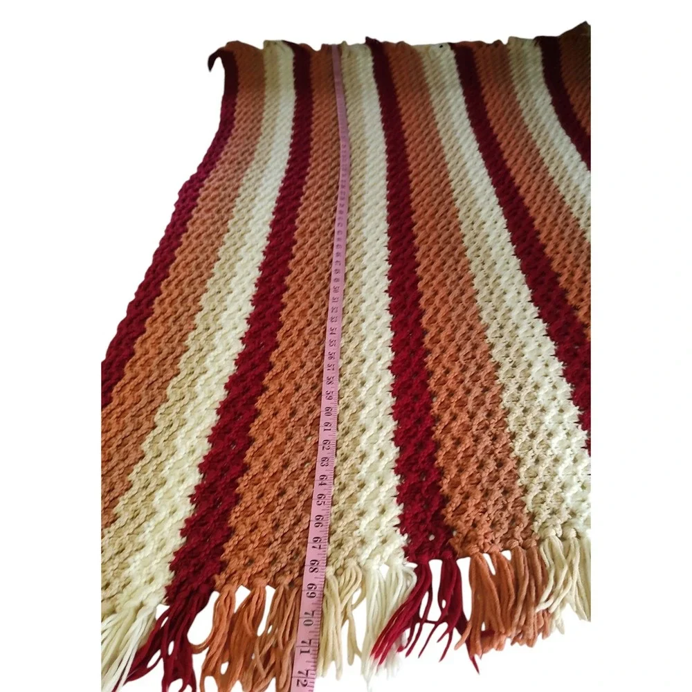 Vintage Crochet Handmade Afghan Throw Blanket  Rust Orange Tan‎ Beige 73x42 In